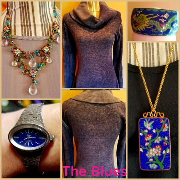Les Bernard Blue & Antique Gold  Cloisonne Pendant with 12K Gold Chain Necklace - Picture 4 of 9
